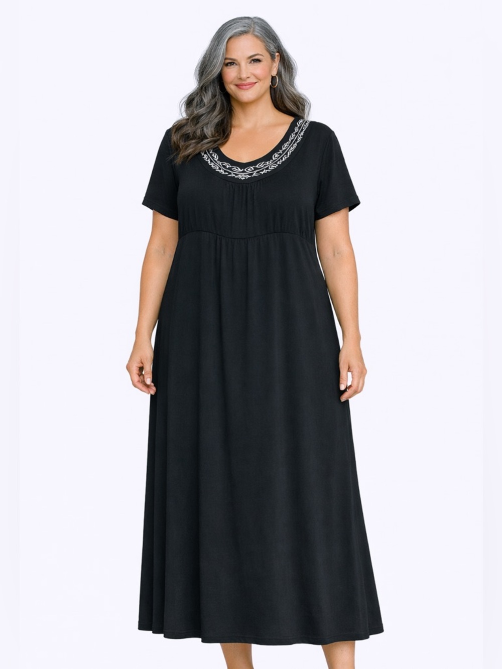 Croft & Barrow 1X Black Midi Jersey Dress with Embroidery Neckline. P2P:24.5”